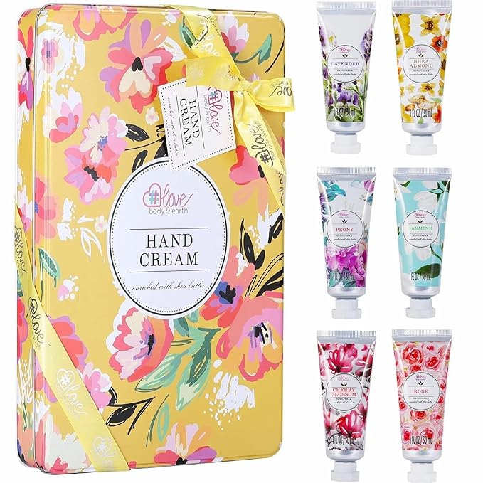 BODY & EARTH # LOVE Hand Cream Gifts Set for Women, Mothers Day Gifts for Mom, Moisturizing Hand Lotion Travel Size for Dry Cracked Hands, Shea Butter & Lavender Hand Cream Gift Set, 6 x 1 OZ