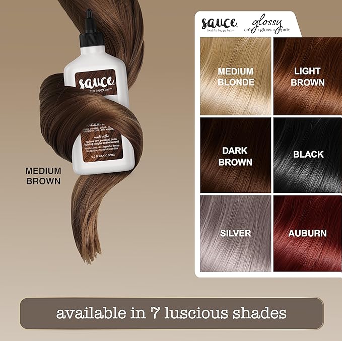 Sauce Beauty Glossy Color + Gloss + Repair, Medium Brown, Semi Permanent Hair Dye with Bond-Building and Color-Fade Protection Technology, Adds Shine & Deep Moisture, Lasts 4-8 Weeks, Stops Fade