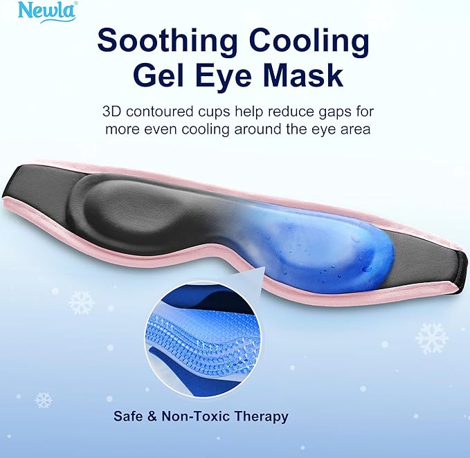 Contoured Cooling Gel Eye Mask: Snug Fit Cold Compress for Puffiness Migraines Dark Circles Sinus Eye Strain - Fits All Head Sizes - Daily Relaxation Beauty Care Travel (Pink)