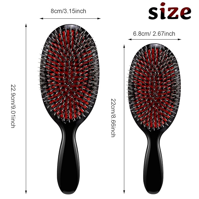 Geiserailie Hair Brushes, 2 Pieces Boar Bristle Hair Brushes with Nylon Quill, Natural Bristles Hair Extensions for Women, Men and Kids, Promotes Smooth and Healthy Hair Growth