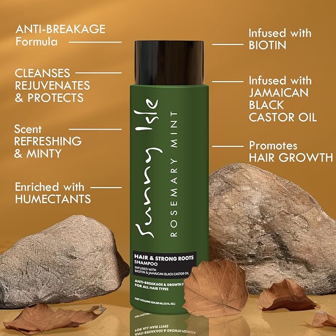 Sunny Isle Rosemary Mint Hair & Strong Roots Shampoo - Anti-Breakage, Growth, Biotin, Castor Oil - 12oz