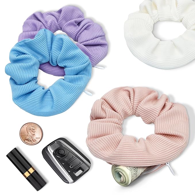 12 Pcs Scrunchies with Zipper Pocket for Women, Elastic Hair Tie with Hidden Storage, Secret Compartment for Small Items Cash, Keys, Lipstick, Bulk Colorful Scrunchie for Girls