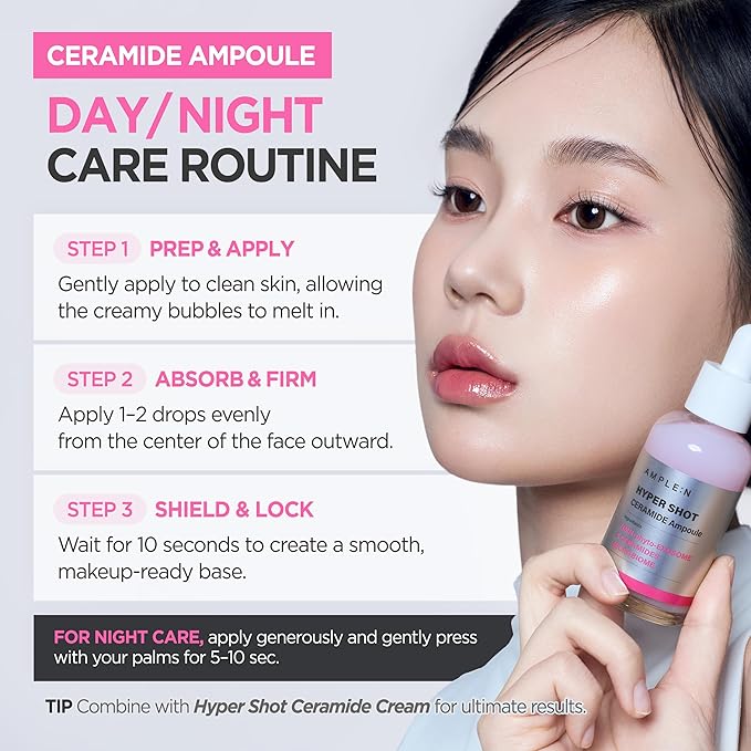 AMPLE:N Hyper Shot Ceramide Ampoule - Korean Face Serum for Dry Damaged Skin - Barrier Repair, K-Beauty 100-Hour Hydration with 50,000 ppm Ceramide Complex, Niacinamide, and Beta-Glucan, 1.69 fl. Oz.
