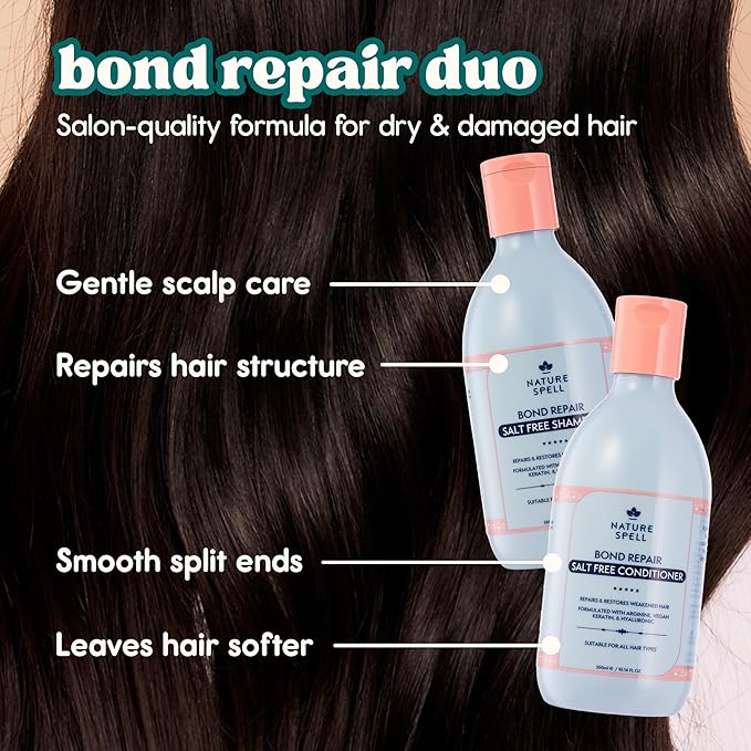Nature Spell Bond Repair Shampoo & Conditioner Set, Sulfate & Paraben Free, Repairs & Nourishes with Keratin & Hyaluronic Acid, Color Safe, For All Hair Types, Vegan, Pack of 2, 10.14 fl oz Each