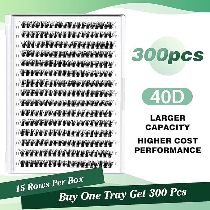 KEYYOU Lash Clusters 300pcs Individual Lashes, 40D 0.07D Curl 11mm DIY Eyelash Extension, Soft & Natural Volume Cluster Lashes with Large Tray