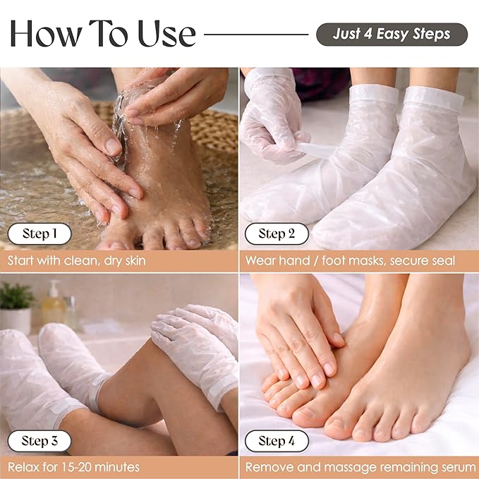 Innerest 12 PK Hand + Foot Mask Set (6 Hand + 6 Foot) Shea Butter Derma Beauty Moisturizing Gloves & Socks for Dry Cracked Hands and Feet, Pedicure Essential Self Care Gifts for Women