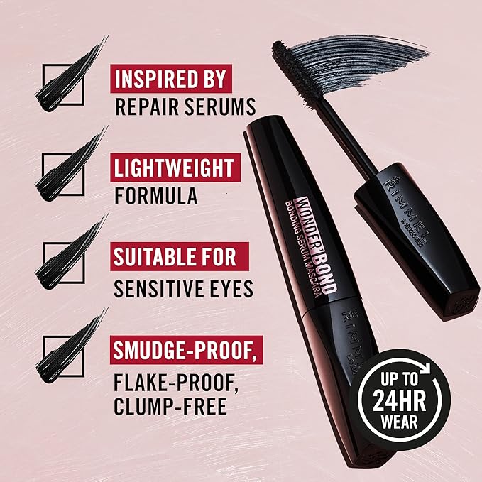 Rimmel Wonder'Bond, 002 Black Brown, Bonding Serum Mascara, Volumizing, Instantly Revitalized Lashes, With Biotin Bonding Complex, Smudge Proof, No Clumps, 0.39oz