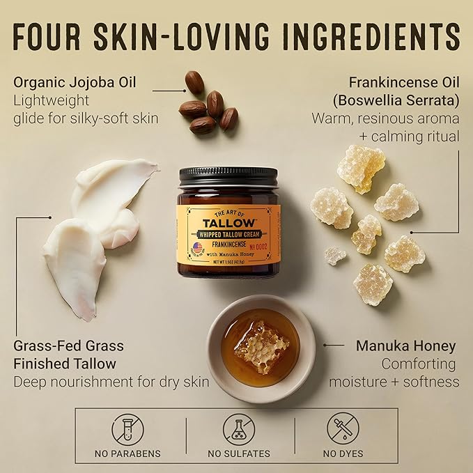 Tallow Face Moisturizer – Frankincense Beef Tallow for Skin, Whipped Tallow Cream with Manuka Honey & Organic Jojoba Oil, Face Cream, Grass Fed & Finished, Made in USA, 1.5 oz