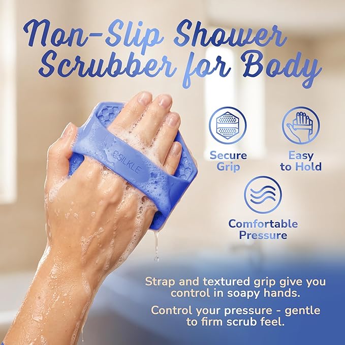 SILKLE Silicone Body Scrubber – Gentle Exfoliating Shower Scrubber for Body & Bath, Silicone Shower Brush & Loofah Alternative – Non-Slip Silicone Body Brush, Quick Dry, Hygienic - Blue