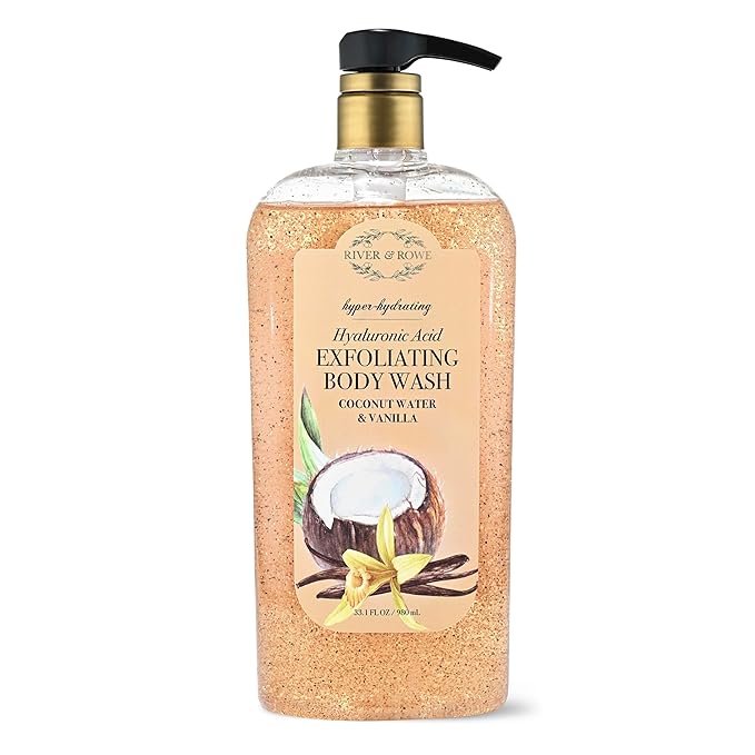 RIVER & ROWE Coconut Water & Vanilla Exfoliating Body Wash – Hydrating Daily Cleanser with Hyaluronic Acid for a Moisturized & Soft Skin Experience, Gentle Shower Gel for Women & Men, 33.8 Fl Oz