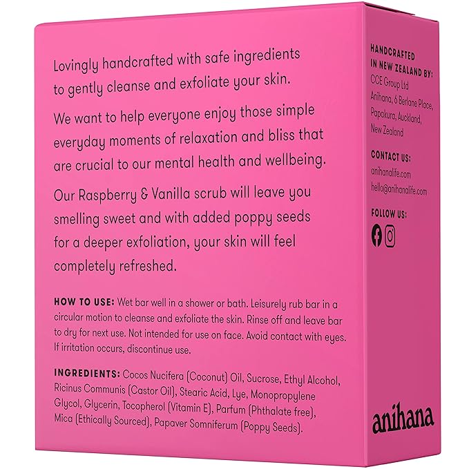 ANIHANA Sugar Scrub Soap Bar with Coconut Oil, Moisturizing, Gentle, Exfoliating Body Scrub, Refreshing Raspberry and Vanilla Scent, 3.6 Oz