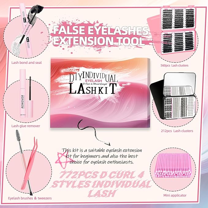 QUKLOGEN DIY Lash Extension Kit 772Pcs D Curl 4 styles Individual Lash with Bottom Lash Clusters Lash Bond and Seal,Quick Glue Remover Tweezers Eyelash Brush Mini Applicator (LASH003)