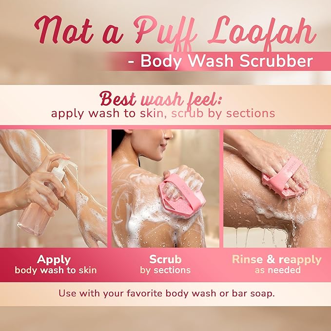 SILKLE Silicone Body Scrubber – Gentle Exfoliating Shower Scrubber for Body & Bath, Silicone Shower Brush & Loofah Alternative – Non-Slip Silicone Body Brush, Quick Dry, Hygienic - Pink