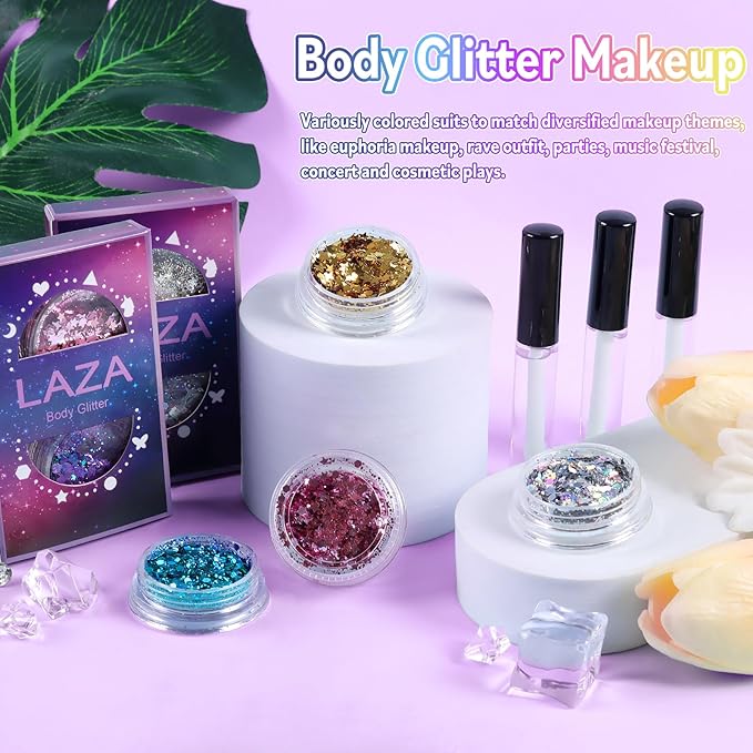 Laza Body Glitter,2 Jars Pink Holographic Chunky Sequins with Glitter Glue Perfect for Women Eyeshadow Makeup Face Paint Festival Rave Outfit Hair Accessories Carnival Party Costumes - Sakura Stardust
