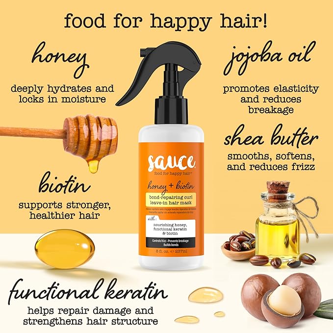 SAUCE Honey + Biotin Bond Repair Hair Mask for Curly Hair, 8 Fl Oz, Leave in Conditioner, Controls Frizz, Helps Repair Damage & Reduce Breakage with Functional Keratin, No Sulfates & Parabens