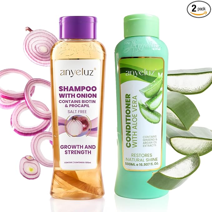 ANYELUZ Onion Shampoo and Aloe Conditioner Set, Strength and Hydration for your Hair, With Onion Extract, Biotin and Argan Oil, Cleanses Deeply and Provides Hydration