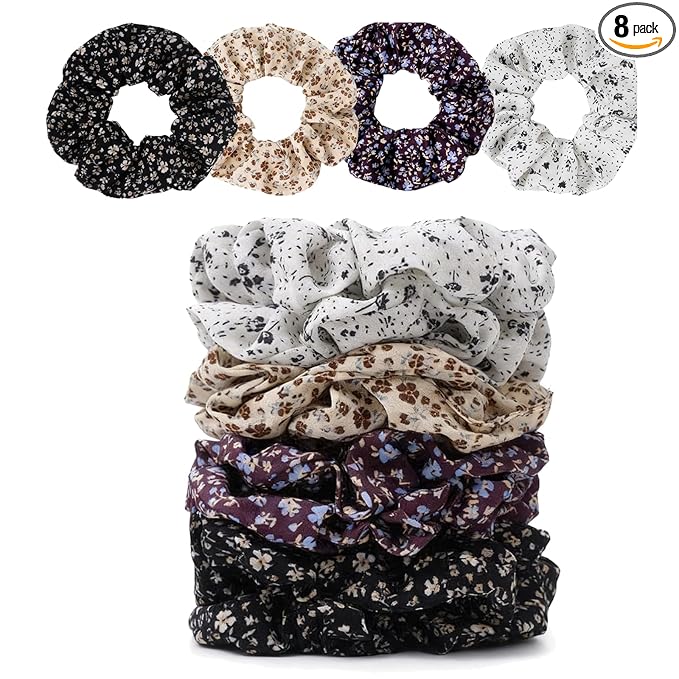 Satin Scrunchies for Women – 8PCS Floral Multicolor Silk Hair Ties (4 Colors, 2pcs Each) – No Crease, Frizz-Free, Sweet & Romantic Hair Bands for Thick & Thin Hair, Cute Hair Accessories Gifts