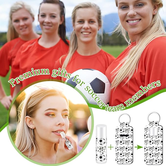 18 Sets Soccer Bow Party Favors Lip Balm and Lipstick Holder Keychain Bulk Sport Team Soccer Gifts Natural Moisturizing Lip Balm Keychains Pouch for Team Sports Party Supplies(White)