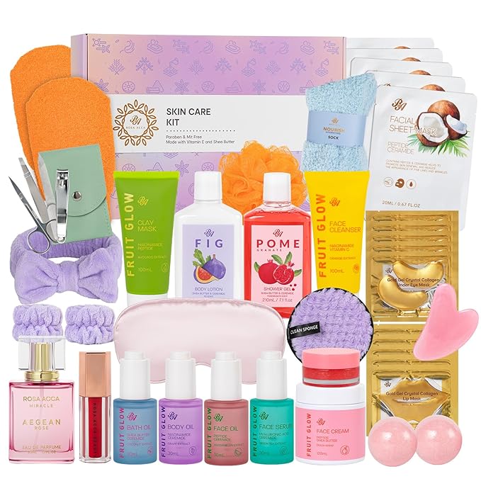 42 Pcs Mother's Day Gifts, Super Fruit Bath and Body Spa Gift Basket Set for Women, Facial Skin Care Kit, Self-Care Gifts Basket Set, Lip Gloss, Face Sheet Mask, Birthday, Christmas, Anniversary, Mom