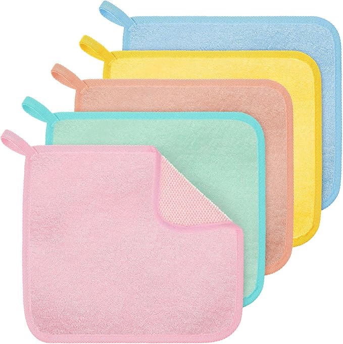 Tatuo 5 Pcs Exfoliating Face and Body Wash Cloths Towel Weave Bath Exfoliating Scrub Massage Bath Cloth for Women and Men, 10.23 x 8.66 Inch(Blue, Green, Yellow, Pink, Skin Tone)