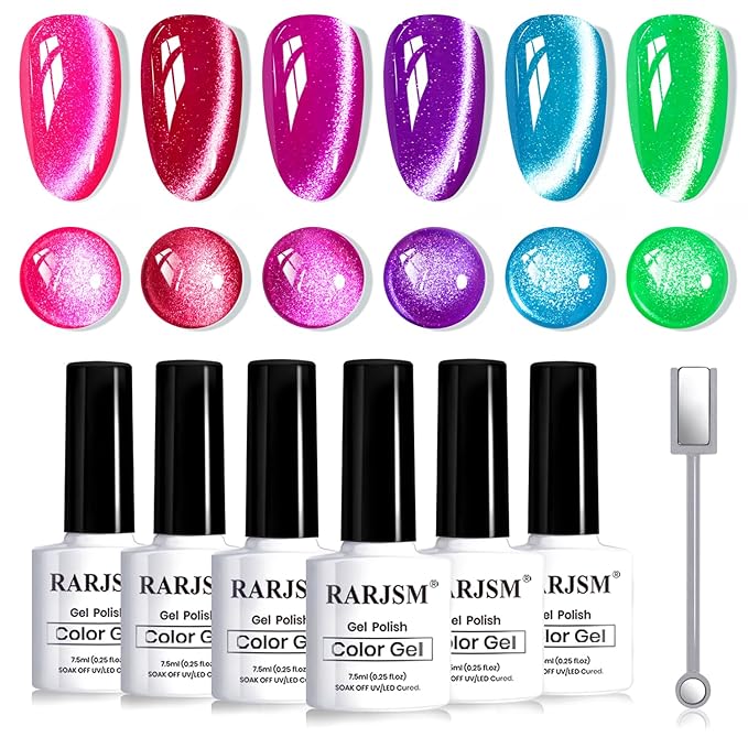 RARJSM Neon Cat Eye Gel Polish Set 6 Pcs Sparkle Diamond Glitter Hot Pink Rose Red Fuchsia Purple Ocean Navy Blue Green Fluorescent Velvet Ice Cateye Gelpolish with Magnet Stick Curing Requires