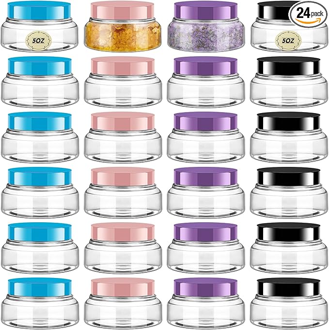 Tessco for you 24 Pack Plastic Jars with Lids Labels Multiuse Slime Containers Empty Body Scrub Jars Round Refillable Cosmetic Body Butter Container for Makeup (5 oz,Multicolor)