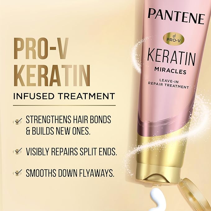 Pantene Keratin Leave-In Conditioner with Argan Oil,Protein Treatment for Dry,Damaged & Color-Treated Hair,Repairs Split Ends & Protects from Damage,Formaldehyde-Free,8.4 Fl Oz,(Pack of 2)