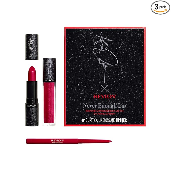 Revlon Never Enough Lip, Worship Limited Edition Lip Kit by Ashley Graham, 3 Piece Kit with Lipstick, Lip gloss, Lip liner, 1 Set