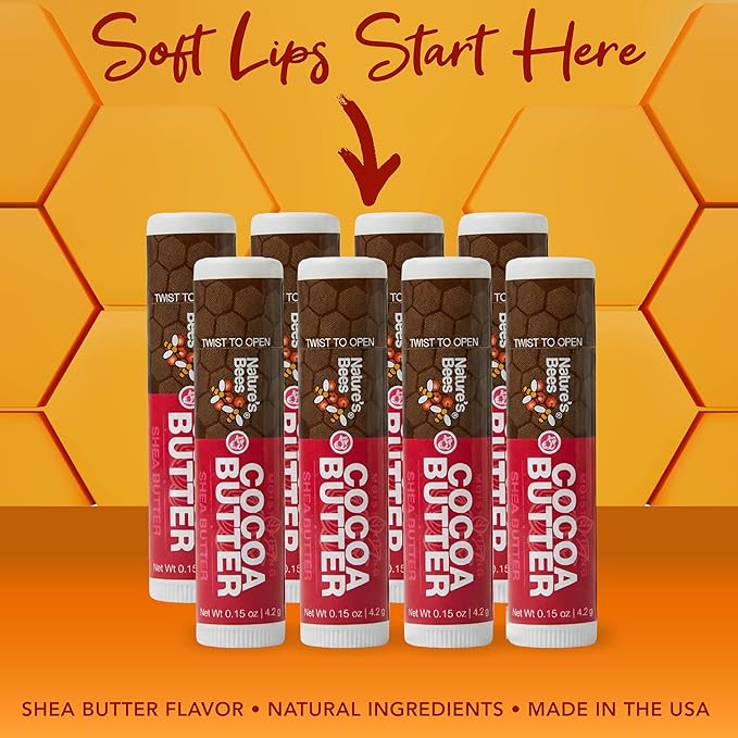 Nature's Bees Cocoa Butter Lip Balm, Shea Butter Flavor, Hydrating Lip Care for Dry Lips, Made in the USA with Coconut Oil, Beeswax, Vitamin E, & Aloe, 0.15 oz Each, 24 Pack - Packaging May Vary