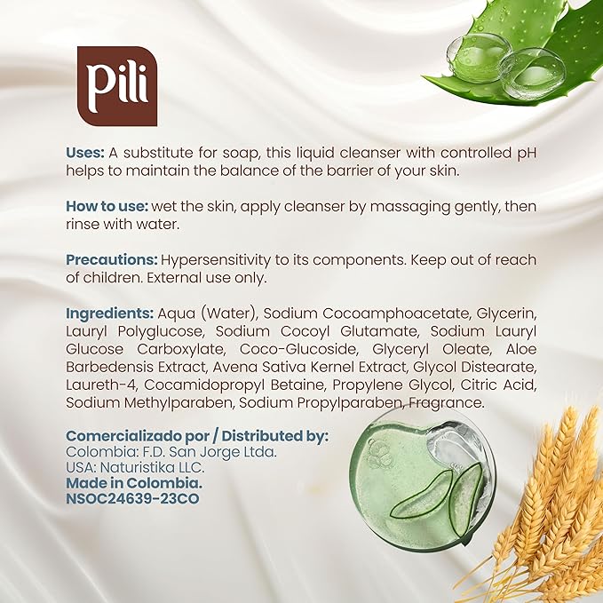 Pili Natural Syndet - Gentle Skin Cleanser with Oatmeal and Aloe Vera - Hypoallergenic cleanser for sensitive skin - 8.4 Fl.oz