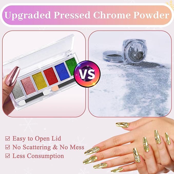 DRMODE Gold Silver Chrome Nail Powder, 6 Colors Red Green Mirror Metallic Effect Nail Chrome Powder, Blue Rose Gold Champagne Colored Chrome Powder for Nails Palette Pigment for Nail Art