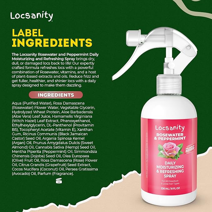 Locsanity Daily Moisturizing Rose Water and Peppermint Hair Scalp Refresher for Locs and Dreadlocks - Natural Loc Care and Maintenance (8oz)
