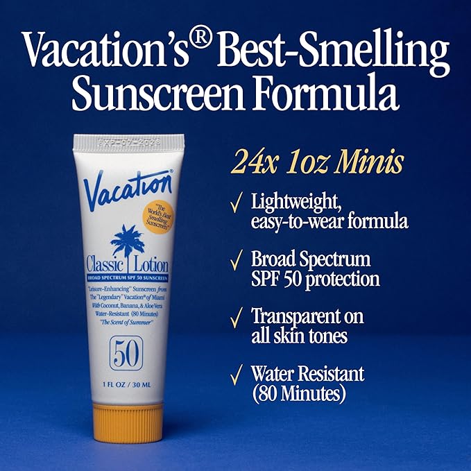 Vacation Mini Classic Lotion SPF 50, Water-Resistant, Mini Sunscreen Bulk Party Favor, Beach Must Haves, Traveling Essentials, Suntan Lotion Travel Size, 1 Fl. Oz. (Value Pack of 24)
