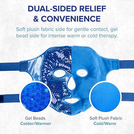 LIFE WORKS Gel Bead Face Mask, Cooling Eye Mask for Puffy Eyes and Headache, Hot or Cold Face Pack for Migraine Relief, Reusable Cold Wrap for Eyes, Cheeks, Forehead, and Nose