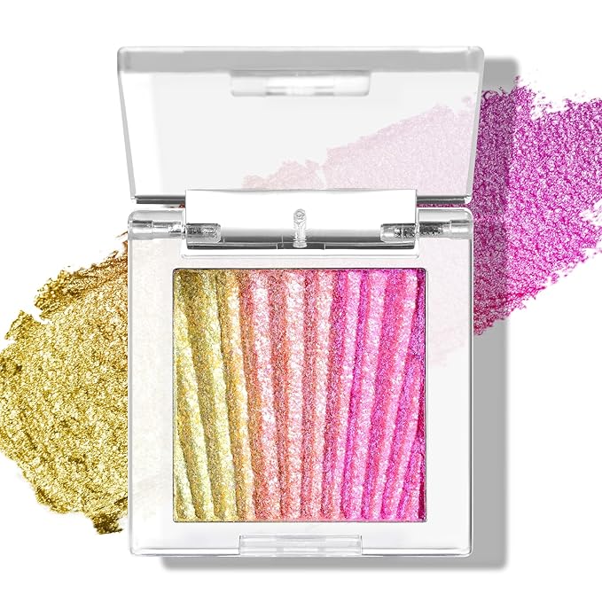 Pink Glitter Eyeshadow, Half Magic Eyeshadow Palette, 3 Color Gold-Pink-Purple Chameleon Iridescent Holographic Glitter Cream Eye Shadow, #03