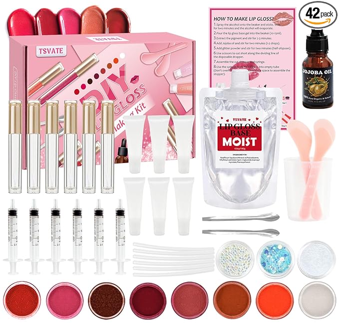 TSVATE Lip Gloss Making Kit, Lip Gloss Kit, Diy Lipgloss Set, Fun Make Your Own Lipgloss Kids Lip Gloss for Girls, Women, Moisturizing Lip Gloss Base, Jojoba Oil, Tubes, Gift for Her