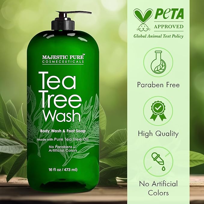 Majestic Pure Tea Tree Body Wash - Formulated to Combat Dry, Flaky Skin - Soothes, Nourishes and Moisturizes Irritated, Chapped, Problem Skin Areas - (Packaging may Vary) -16 fl. oz.