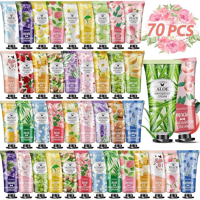 VESPRO 70 Pack Hand Cream Set, Mothers Day Gifts, Bulk Hand Lotion Travel Size for Dry Cracked Hands, Mini Hand Lotion for Bridal Shower Gifts and Teacher Appreciation Gifts and Nurses Week Gifts