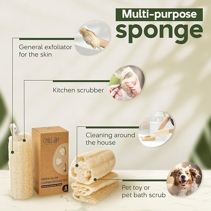 Chill Ah Green Glow Loofah Sponge Set – 100% Plant-Based, Dye-Free, Biodegradable, Scratch-Free, Handcrafted in Vietnam (2-Pack)