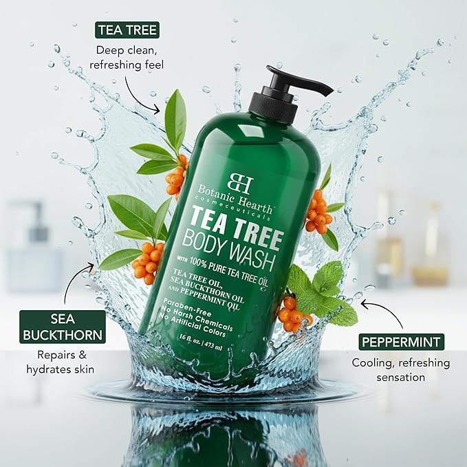 Botanic Hearth Tea Tree Body Wash -16 fl oz- All-Natural & Odor-Control Shower Gel for Acne, Athlete’s Foot, Ringworm, Jock Itch & Healthy Skin, Sulfate & Paraben Free, for Men & Women
