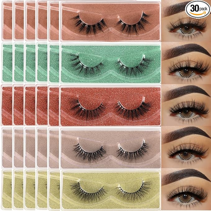 APCYUST Lashes Bulk 30 Pair Wholesale Short Natural Lash Fluffy Mink Eyelashes 15mm Faux Mink False Lash 16mm Cat Eye Fake Eyelash Soft 14mm Wispy Strip Eye Lashes with Individual Portable Lash Pack