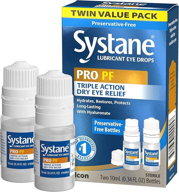Systane PRO PF Lubricating Eye Drops for Dry Eyes, 2 x 10 mL, Preservative Free with Hyaluronate, Triple-Action Formula to Hydrate, Restore & Protect, Multi-Dose Bottle