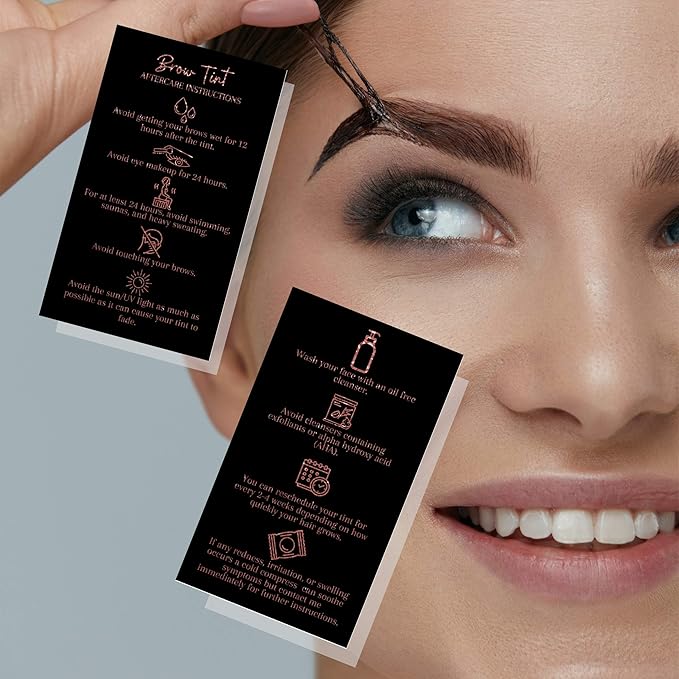 Brow Tint Aftercare Instruction Cards | 50 Pack | 2 x 3.5” inches Business Card Size | Starter Lift Kit with Tint at home diy aftercare supplies | Black with Rose Gold Design