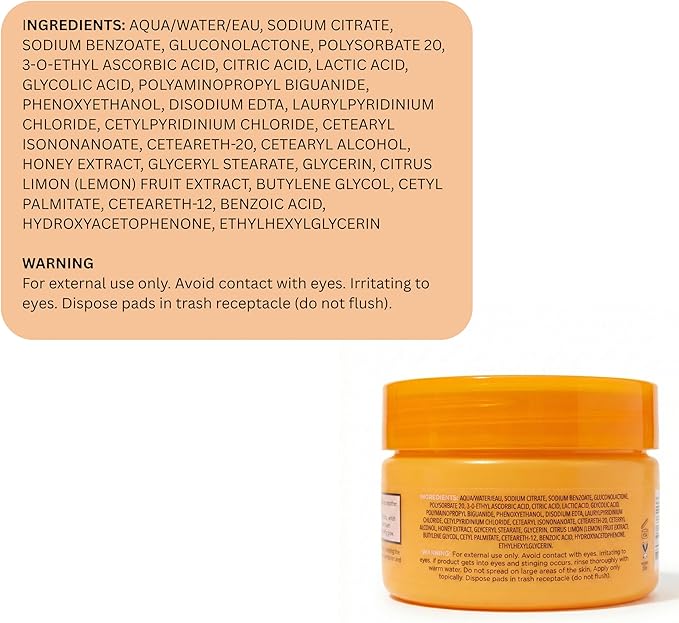 Global Beauty Care Vitamin C Toner Pads - Exfoliating Toner Pads for Face with Glycolic Acid, Lemon & Honey, Dual Textured Facial Pads, Helps Brighten, Even Skin Tone & Boost Radiance, 120ct (3-Pack)