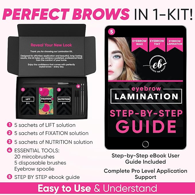 Elevate the Beauty Professional Brow Lamination Kit | Eyebrow Lamination Kit for Professional or DIY Use | 5 Laminations with Individual Sachets | Training Ebook & Brushes Included