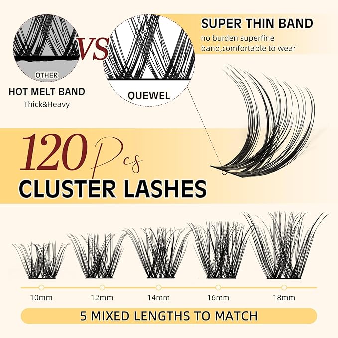 QUEWEL DIY Lash Extension Kit, Wispy Lash Clusters Kit D 10-16mm Lash Clusters Natural Look Super Thin Band Cluster Lashes Kit 120 PCS with Lash Bond and Seal and Lash Tweezers(Feather 03 Kit)