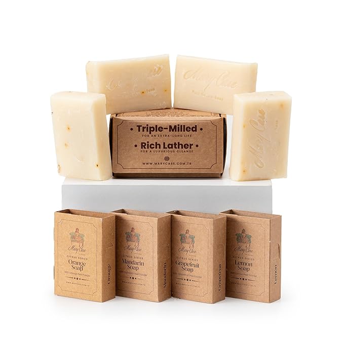 Mary Case Citrus Variety Bar Soap Set of 4 | Orange, Mandarin, Grapefruit & Lemon Natural Soaps | Vegan Bath Soap for Men & Women | Energizing, Brightening & Revitalizing Skin