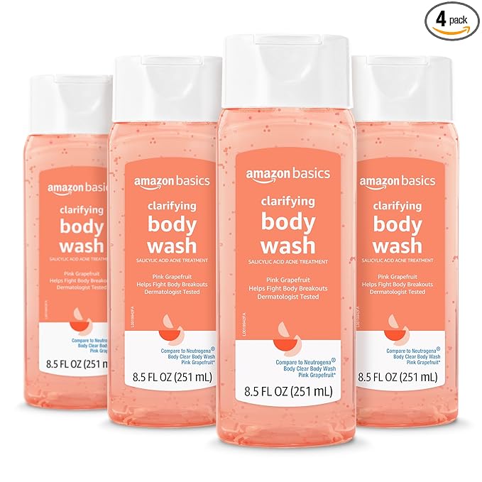 Amazon Basics Clarifying Pink Grapefruit Body Wash, 2% Salicylic Acid Acne Treatment, Foaming, Refreshing, Prevents Breakouts, Dermatologist Tested, 8.5 fl oz, 4-Pack (Previously Solimo)