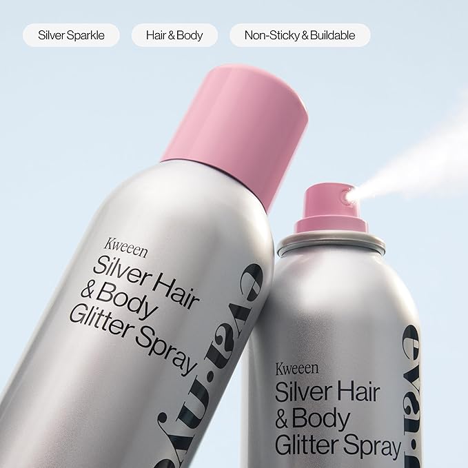 Eva NYC Kweeen Silver Hair and Body Glitter Spray Set - Original Ultra Shimmery Glitter, New Look - Adds Shine + Non-Sticky - Quick Drying Spray - Warm Vanilla Scent - Full Size + Travel Size Gift Set