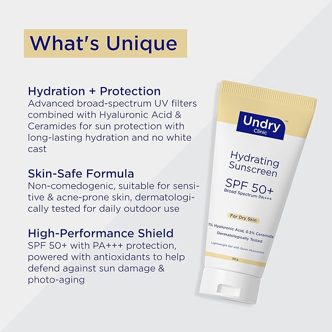 Undry Hydrating Sunscreen for Dry Skin Lightweight, Photostable Sunscreen SPF 50 Broad Spectrum Sun Screen Protector SPF 50 Sunscreen Sun Cream with HA & Ceramide (50gm/1.7 Oz)